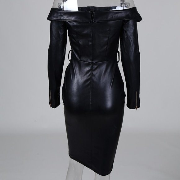 Black Off Shoulder Zipper Faux Leather Midi Dress - Picture 5 of 8